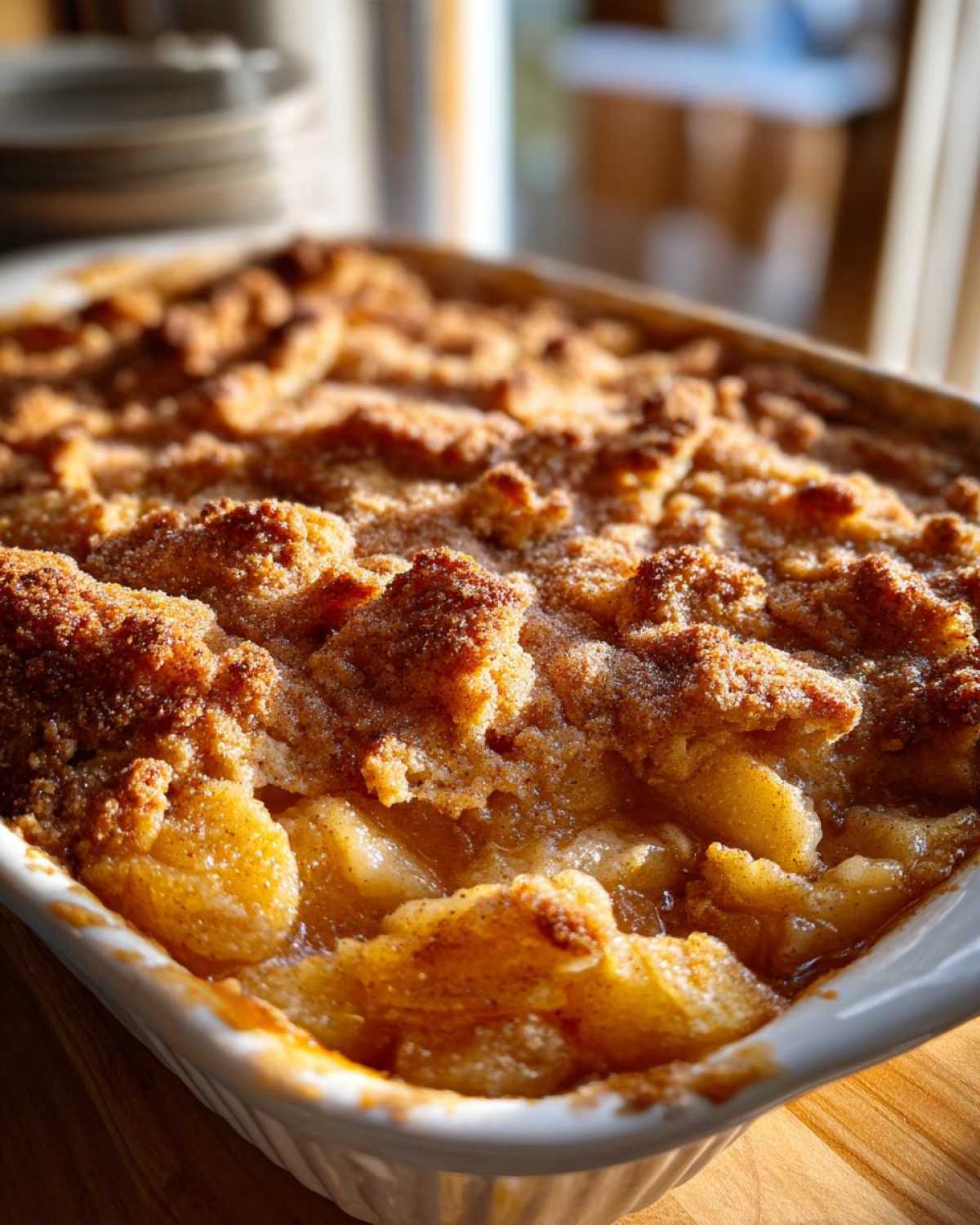 Close-up of a freshly baked apple pie dump cake in a white baking dish, showing the apple filling and golden crust.