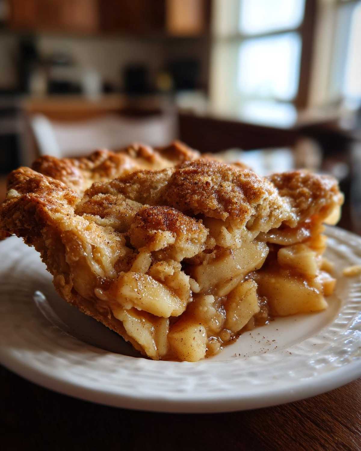 A slice of apple pie dump cake on a white plate, showcasing the apple filling and crumbly topping.