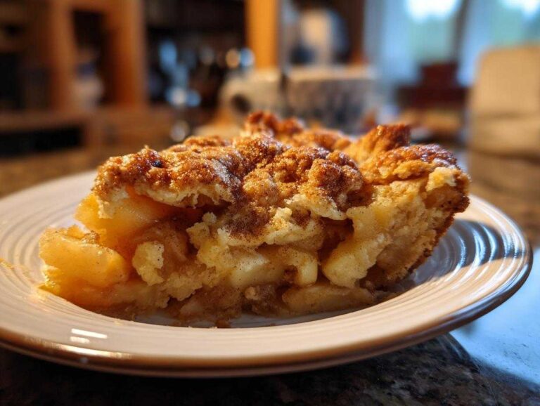 A slice of apple pie dump cake on a white plate, showcasing its golden-brown topping and apple filling.