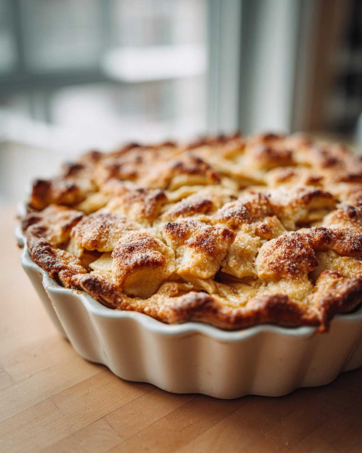 A delicious, golden brown apple pie dump cake in a white ceramic dish sits on a wooden surface.