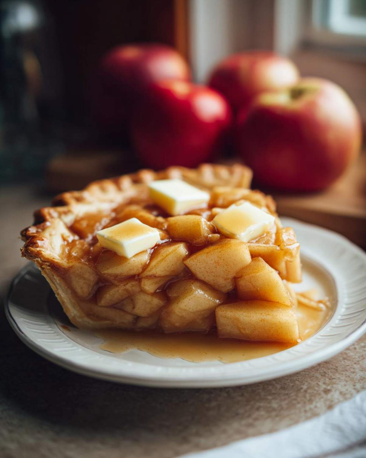 A slice of apple pie featuring a flaky crust and a generous portion of apple pie filling, topped with butter.