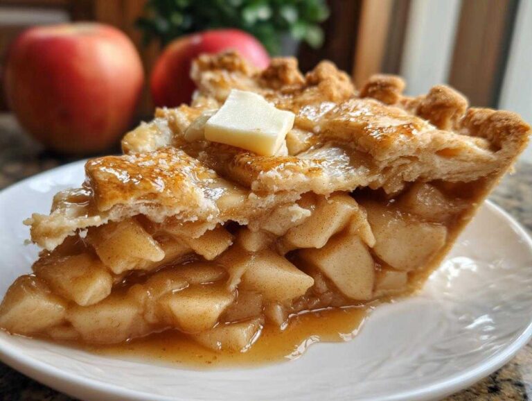 A slice of apple pie with apple pie filling, topped with butter, on a white plate. Apples in the background.