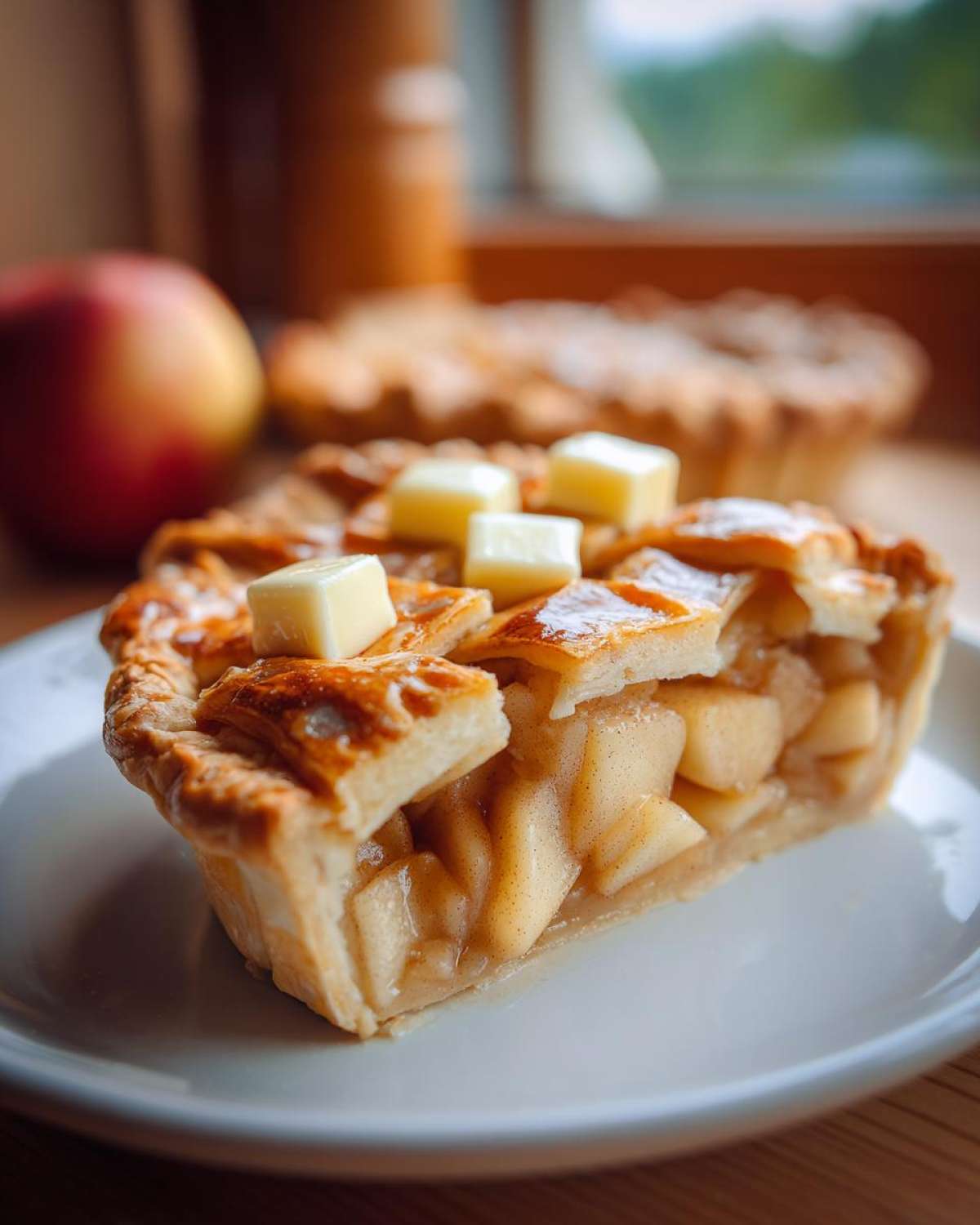 A slice of apple pie with apple pie filling, topped with butter, sits on a white plate with a whole pie in the background.