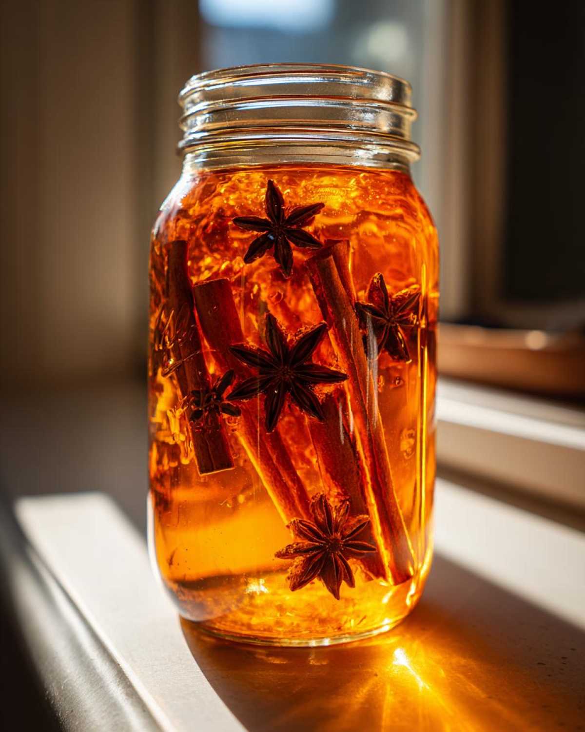 A mason jar filled with apple pie moonshine recipe, cinnamon sticks, and star anise.