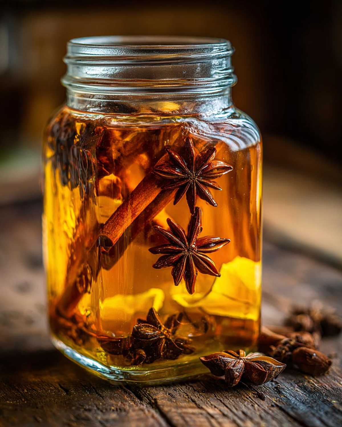 Close-up of apple pie moonshine recipe in a jar with cinnamon sticks and star anise.