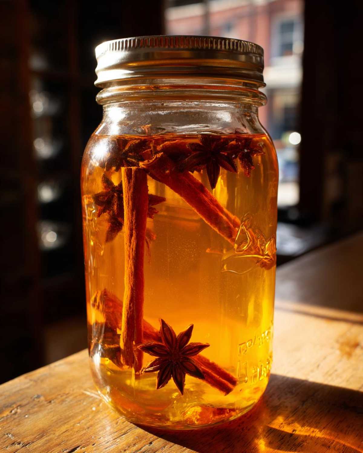A jar of homemade apple pie moonshine recipe with cinnamon sticks and star anise.