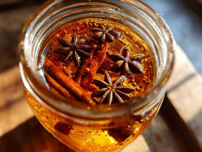 Close-up of homemade apple pie moonshine recipe in a glass jar with cinnamon sticks and star anise.