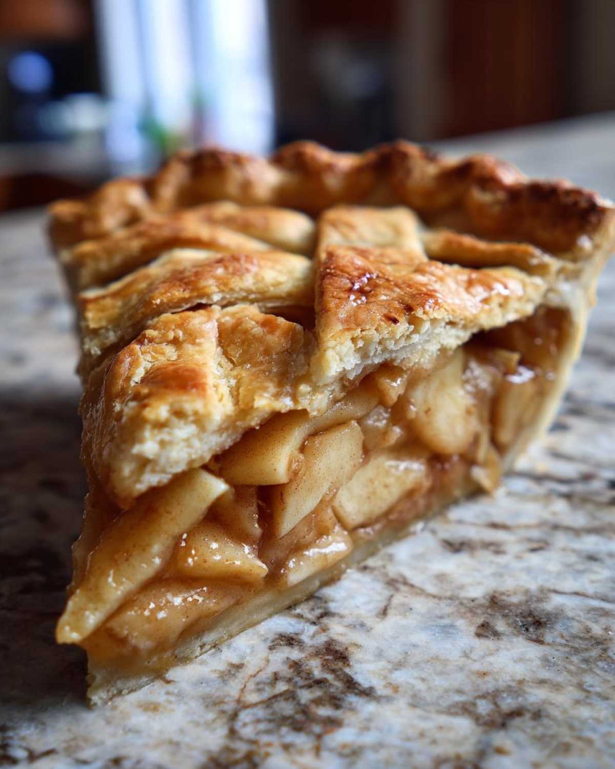A delicious slice of homemade apple pie recipe with a lattice crust and juicy apple filling.