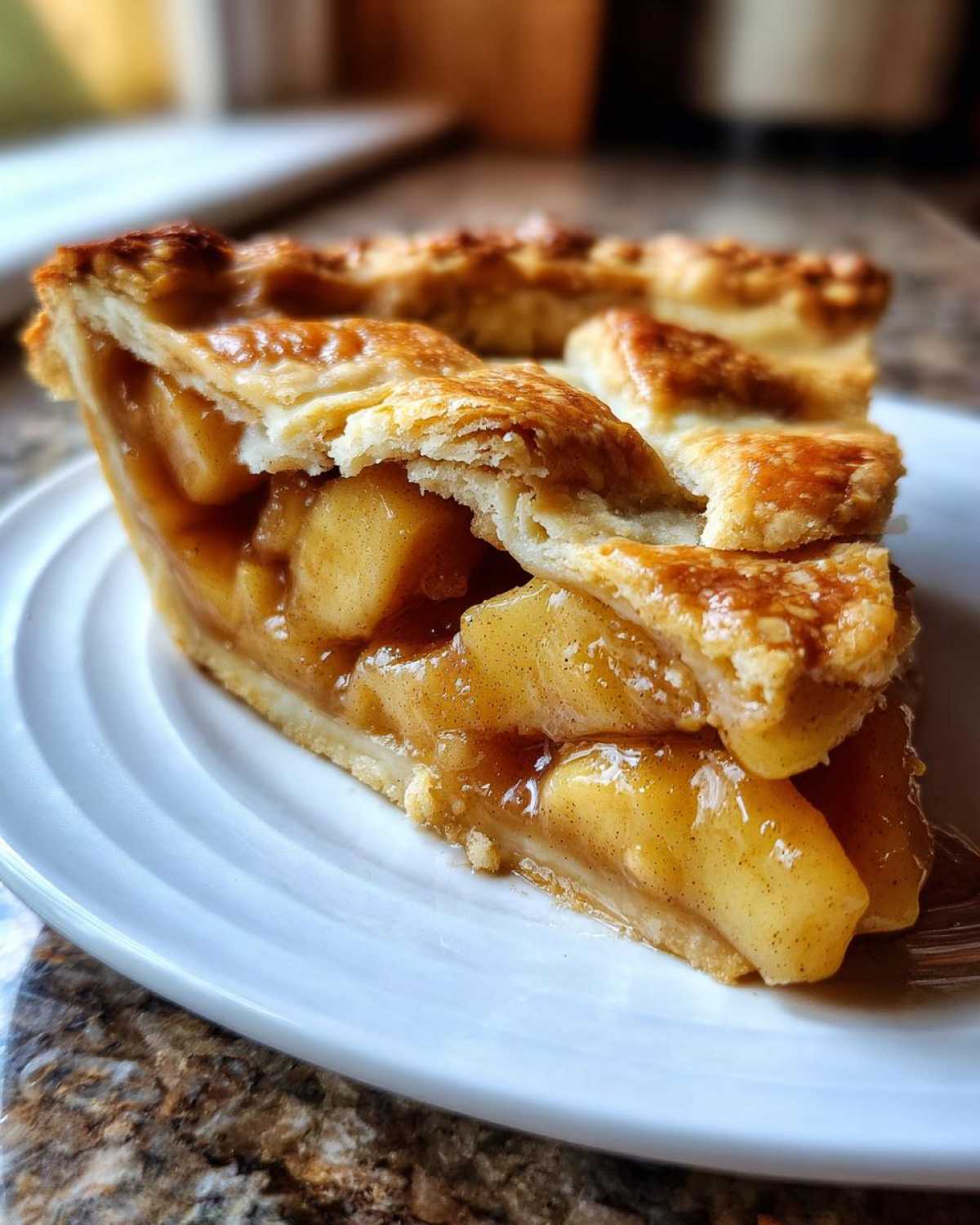 A delicious slice of homemade apple pie recipe with a flaky crust and juicy apple filling on a white plate.