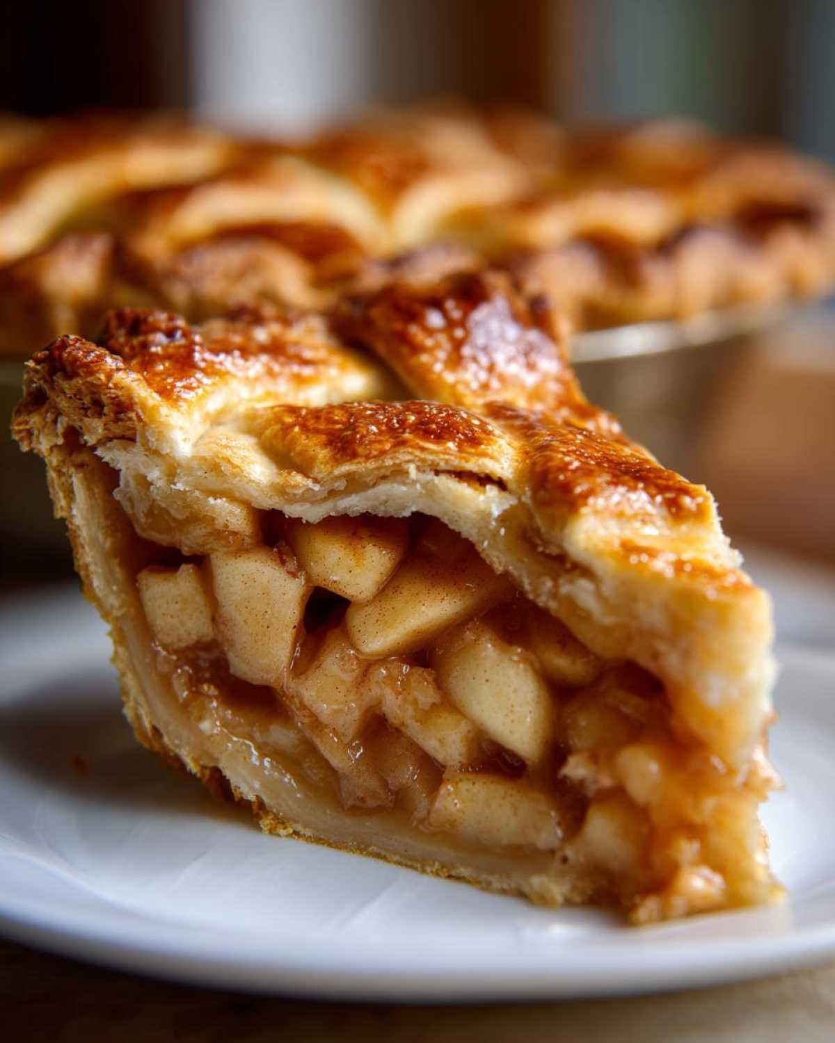 A delicious slice of homemade apple pie recipe with a lattice crust on a white plate.