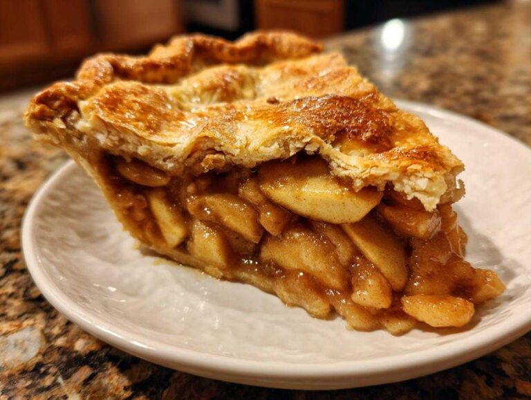 A delicious slice of homemade apple pie recipe with a flaky crust and juicy apple filling.