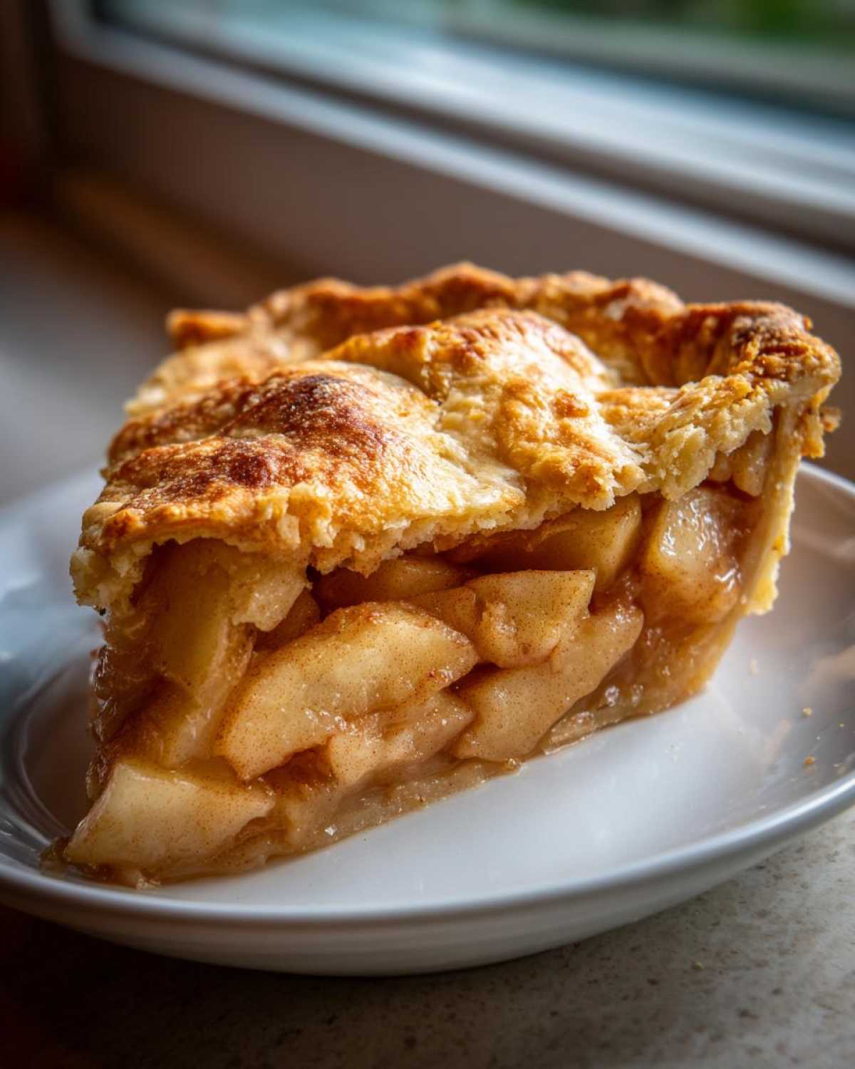 A slice of homemade apple pie with a golden crust and juicy apple filling on a white plate.