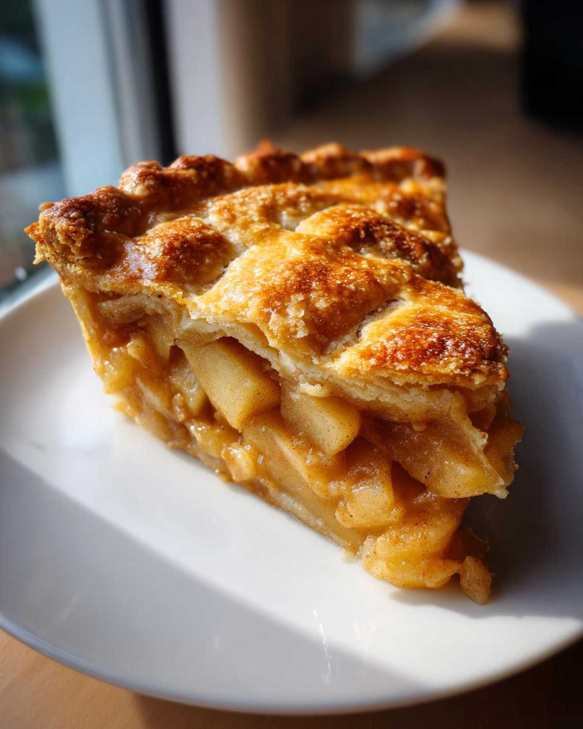 A single slice of apple pie with a golden crust and visible apple filling on a white plate.
