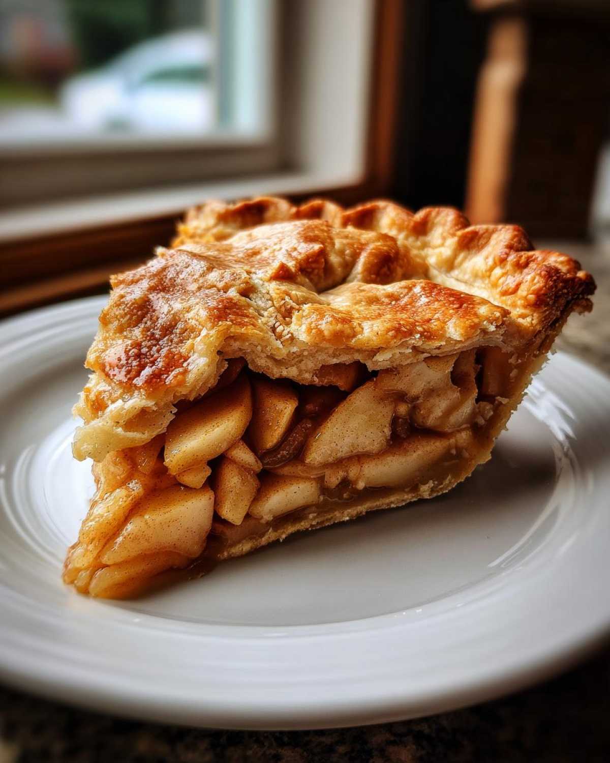 A slice of apple pie with a golden crust and juicy apple filling on a white plate.