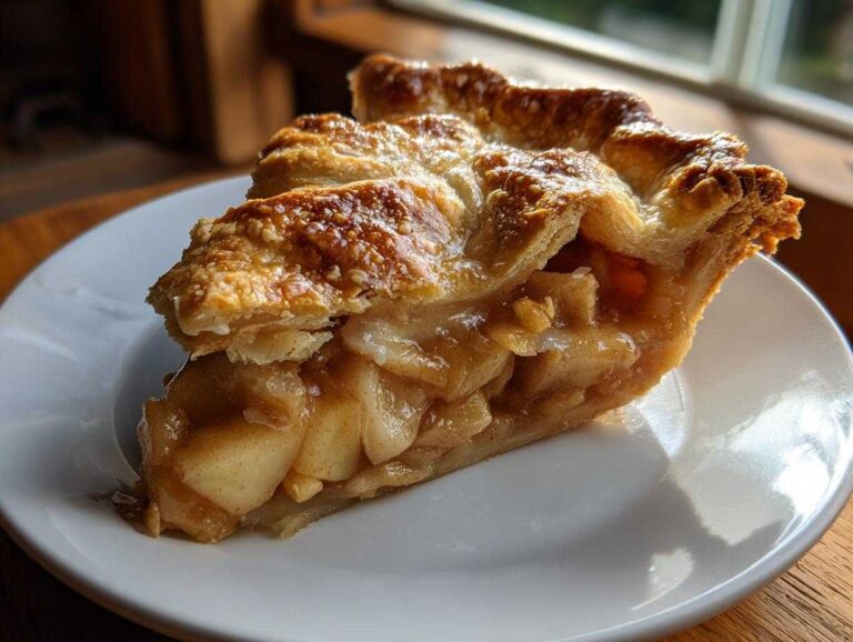 A slice of homemade apple pie with a golden crust and juicy apple filling.