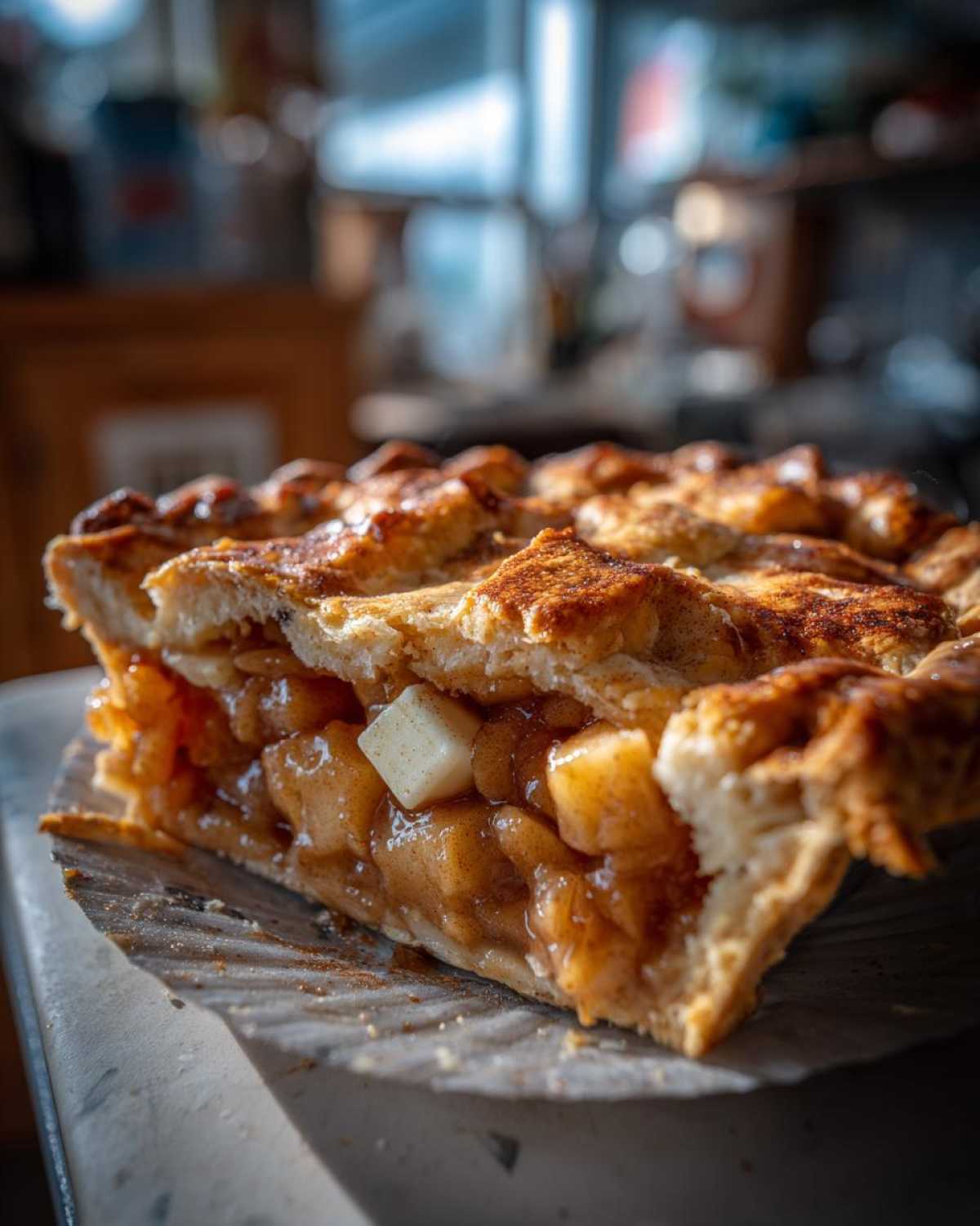 A close-up of a slice of apple pie, showcasing the delicious apple pie filling and flaky crust.