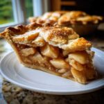 A slice of homemade apple pie with a flaky crust and juicy apple filling, served on a white plate.
