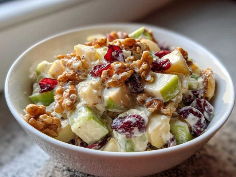 A close-up of a bowl of apple salad featuring crisp apple chunks, cranberries, walnuts, and a creamy dressing.