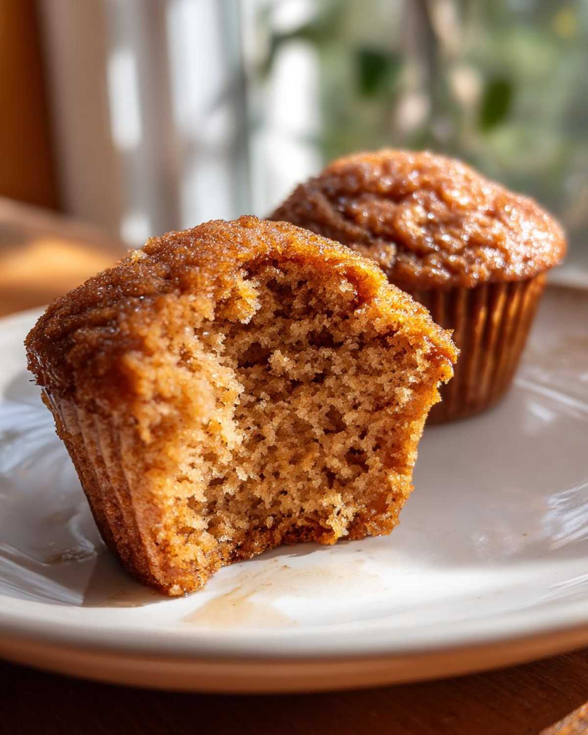 Two applesauce muffins on a plate, one with a bite taken out, showing the soft texture inside.