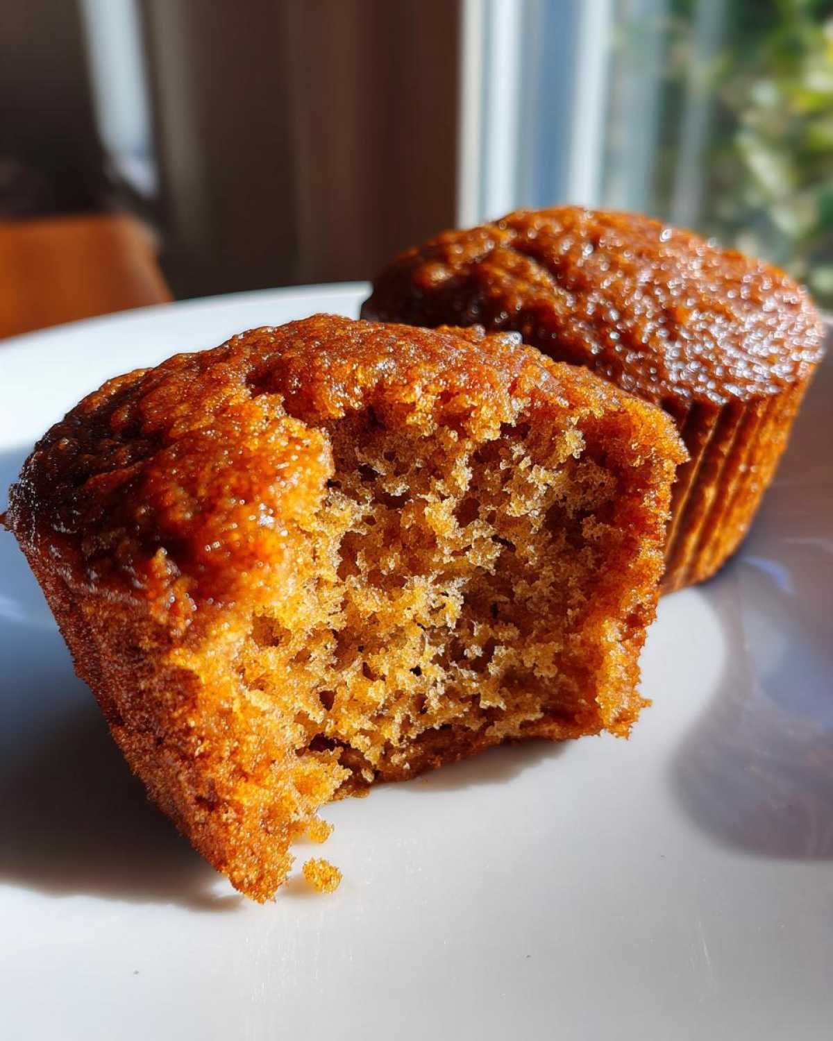 Close-up of applesauce muffins on a plate, one with a bite taken out, showing the moist interior.