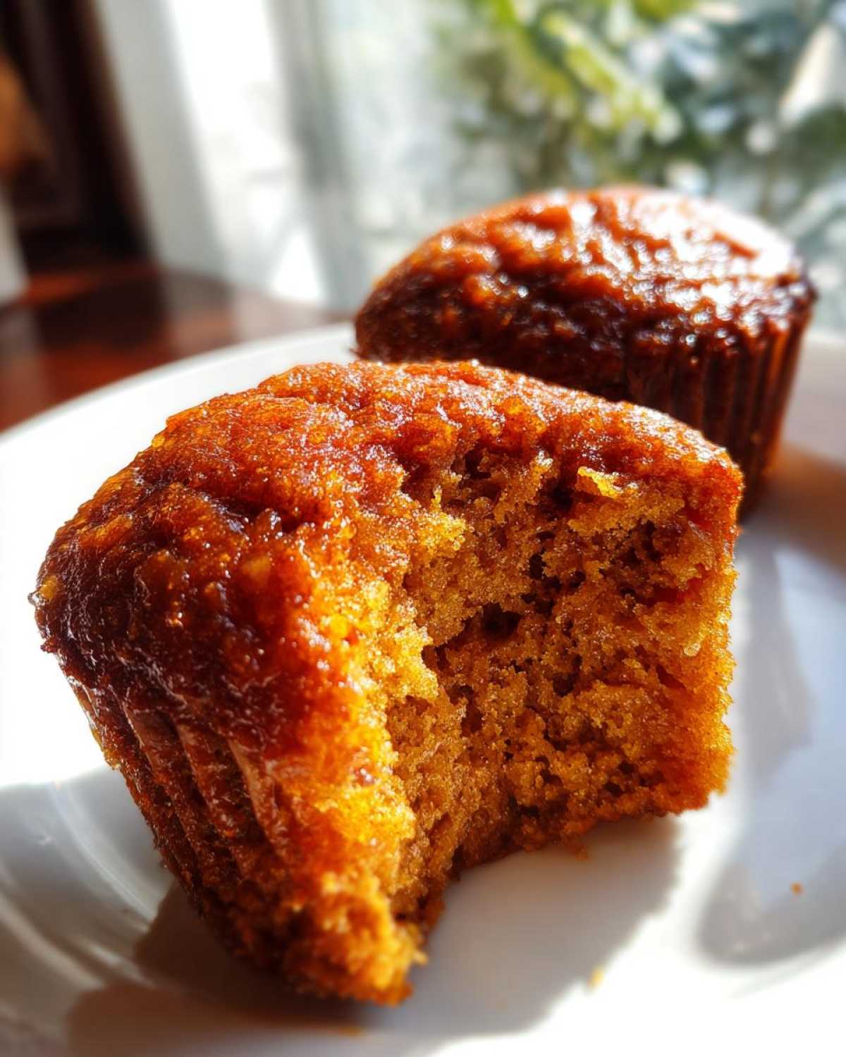 Two applesauce muffins on a white plate, one with a bite taken out, showcasing the moist interior.
