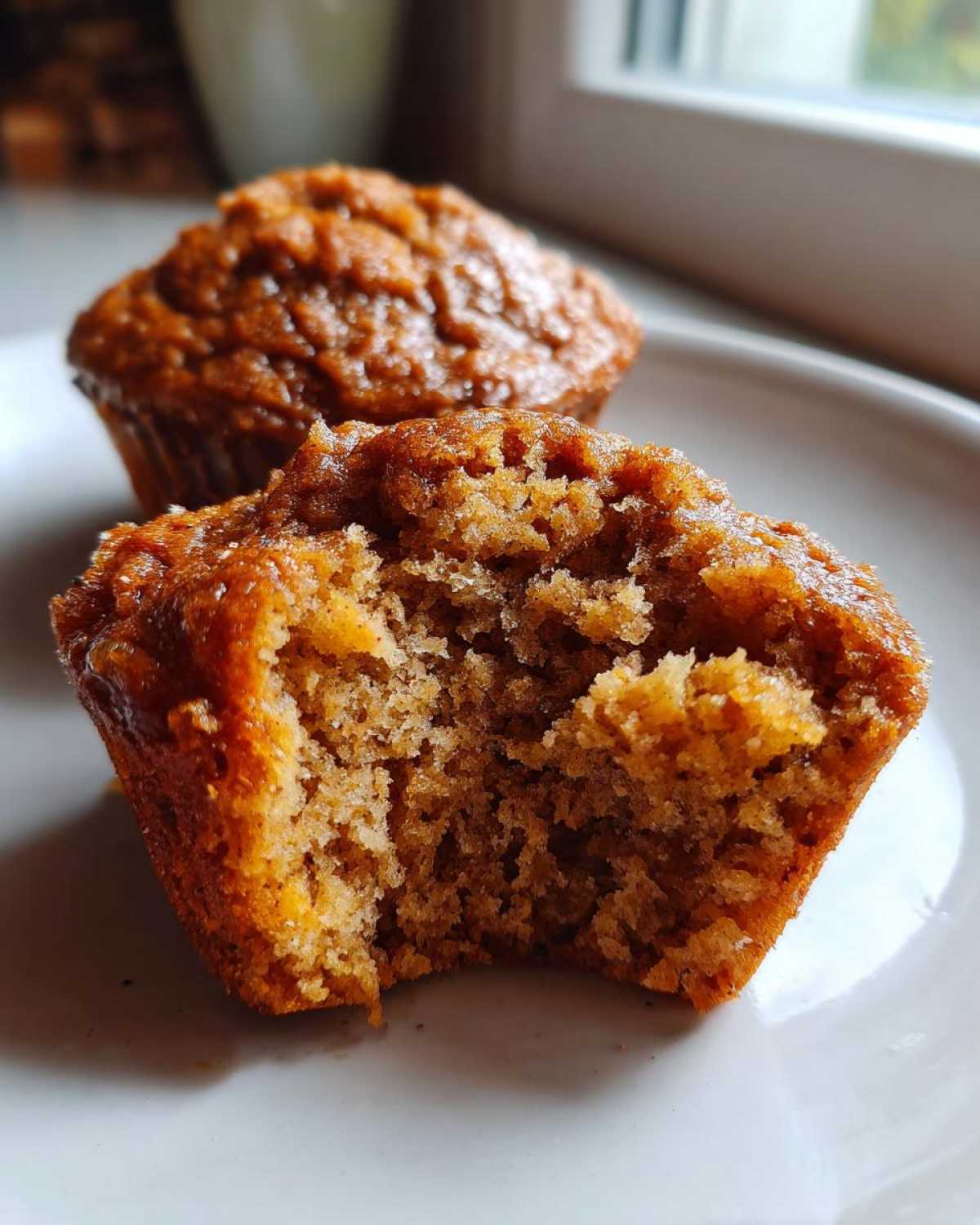 Two applesauce muffins on a white plate, one with a bite taken out to show the texture.