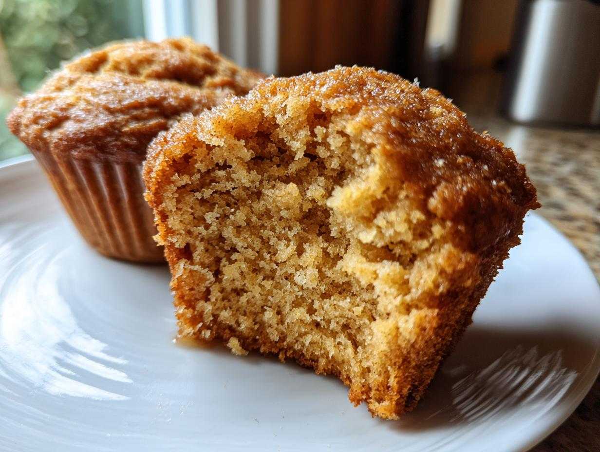 Two applesauce muffins on a white plate, one muffin broken open to show the moist interior.