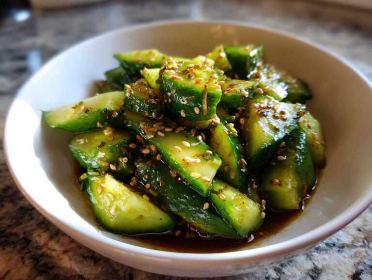 Close-up of Asian cucumber salad in a white bowl, topped with sesame seeds and a flavorful sauce.