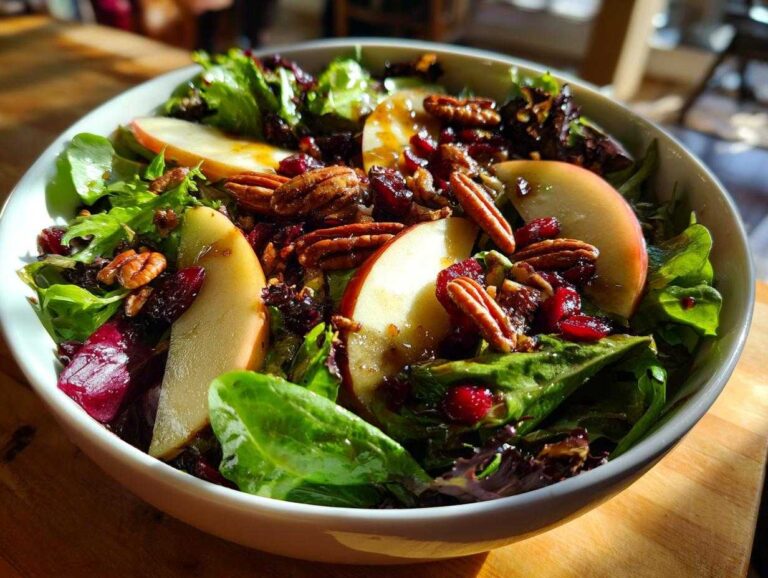 A vibrant autumn salad featuring mixed greens, apple slices, pecans, and cranberries in a white bowl.