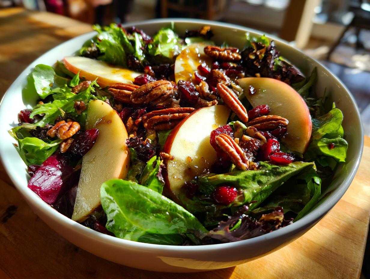 A vibrant autumn salad featuring mixed greens, apple slices, pecans, and cranberries in a white bowl.