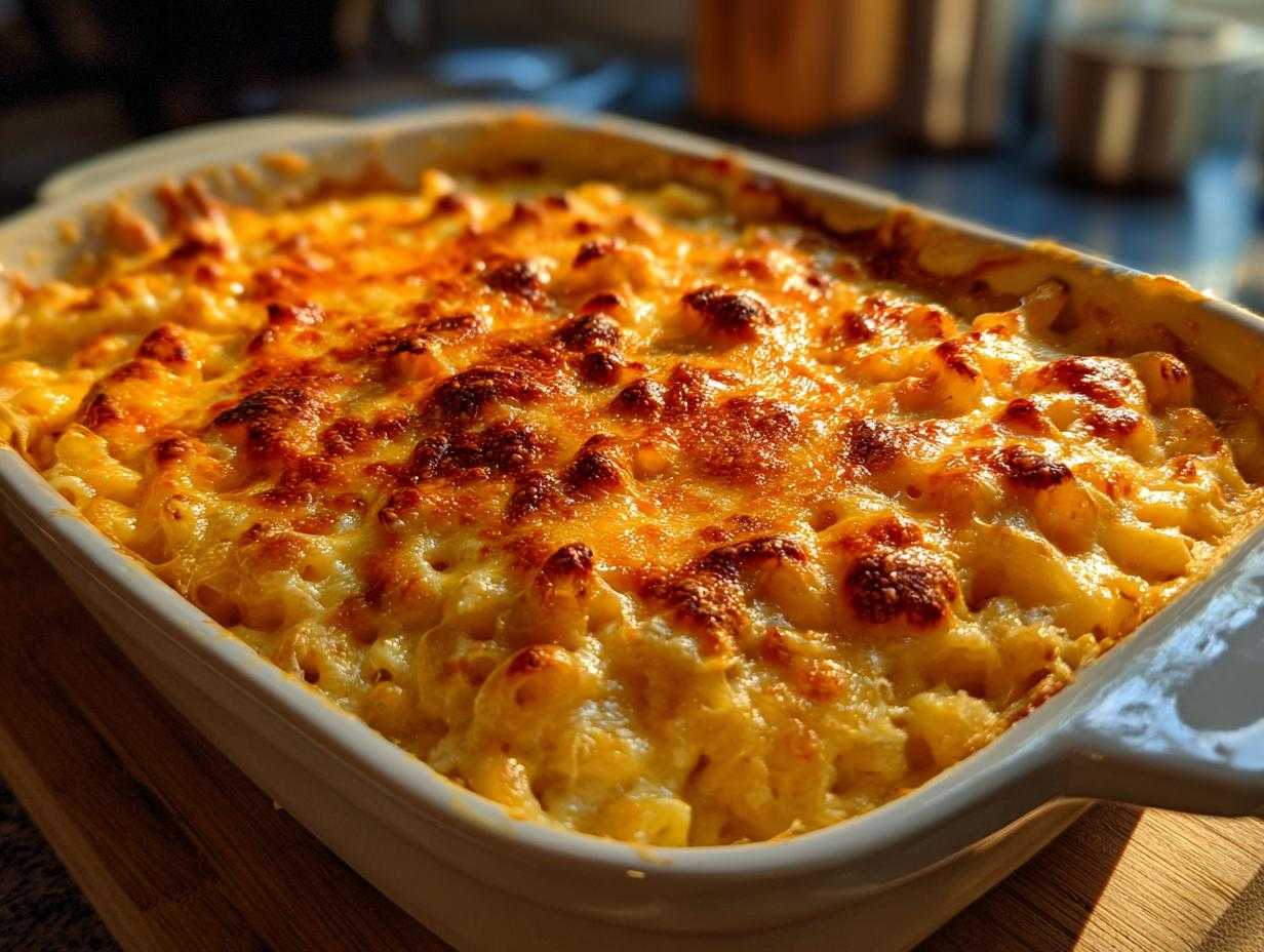 Golden brown baked mac and cheese recipe in a white casserole dish, ready to serve.
