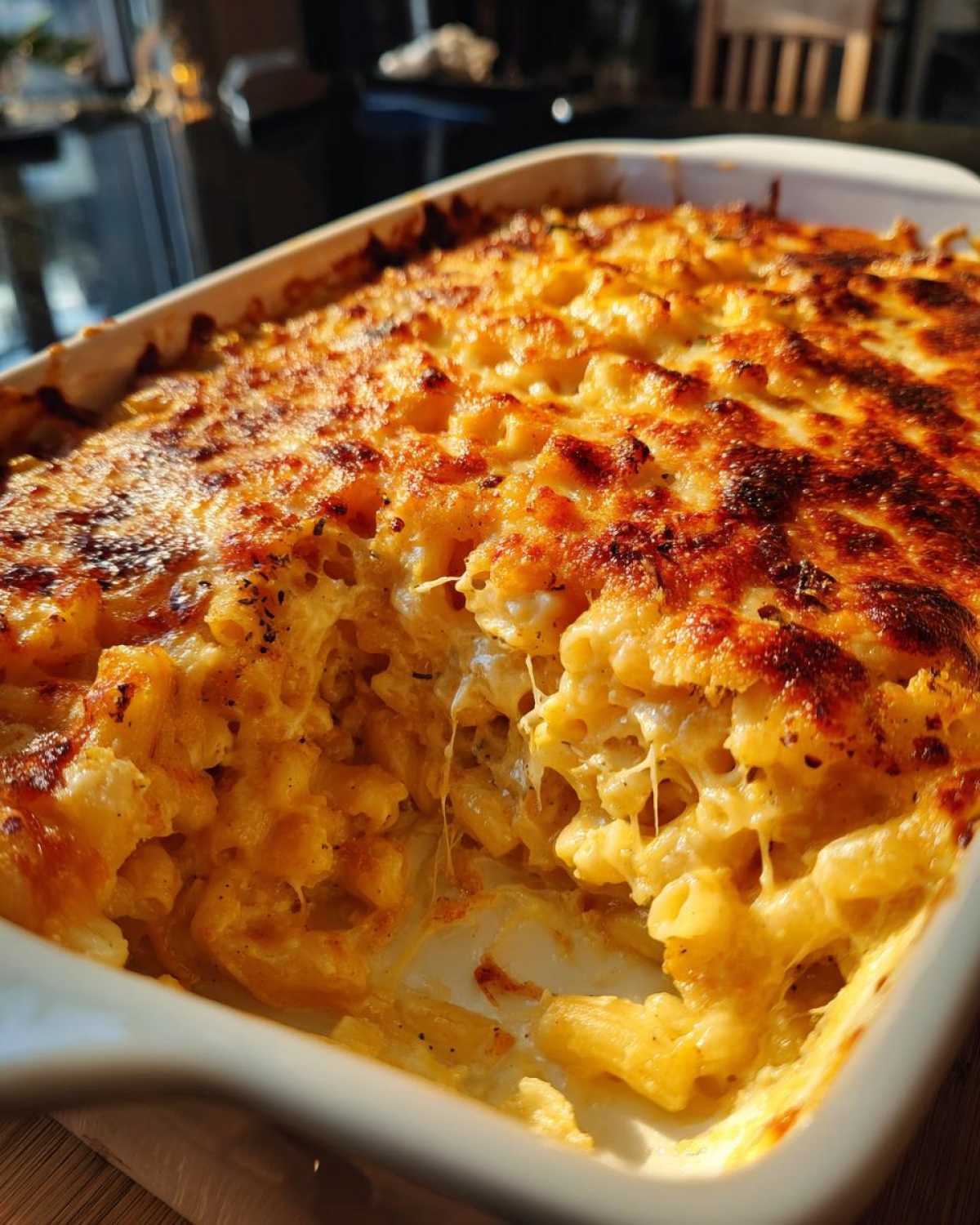 Golden brown baked mac and cheese recipe in a white baking dish with cheesy, gooey pasta.