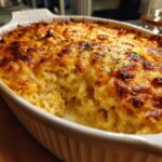 Close-up of baked mac and cheese recipe in a white dish, showing golden-brown crust and creamy texture.