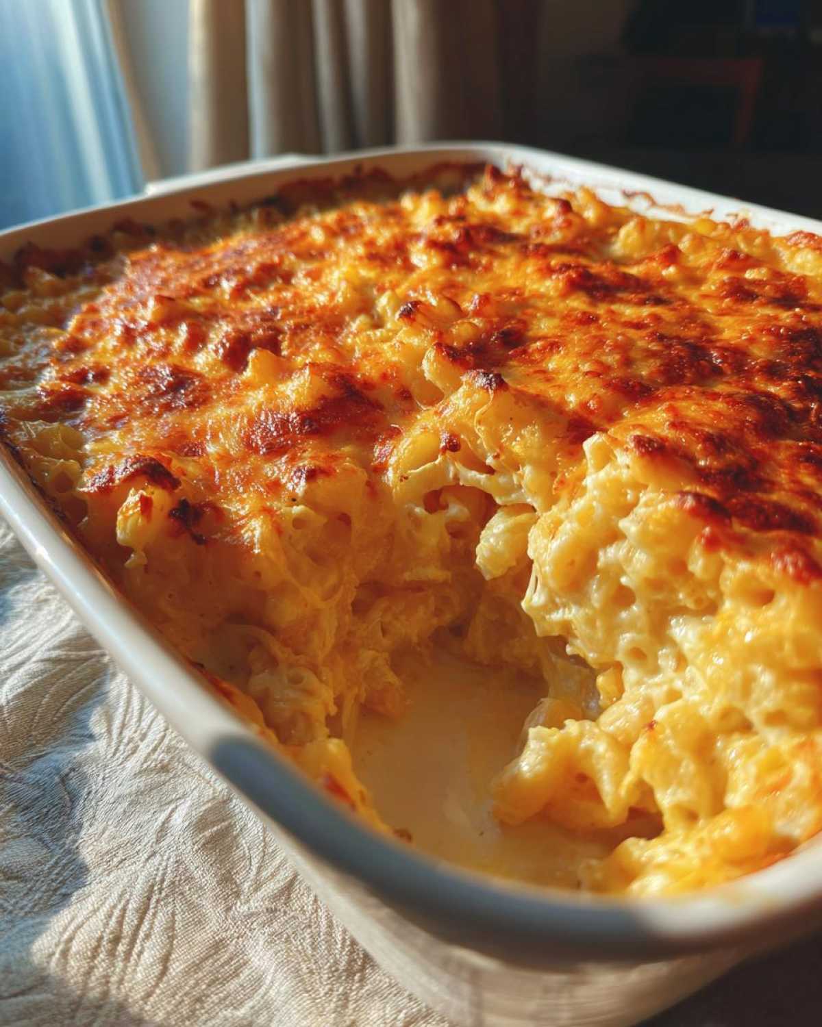 Golden baked mac and cheese recipe in a white casserole dish, showing a portion removed.