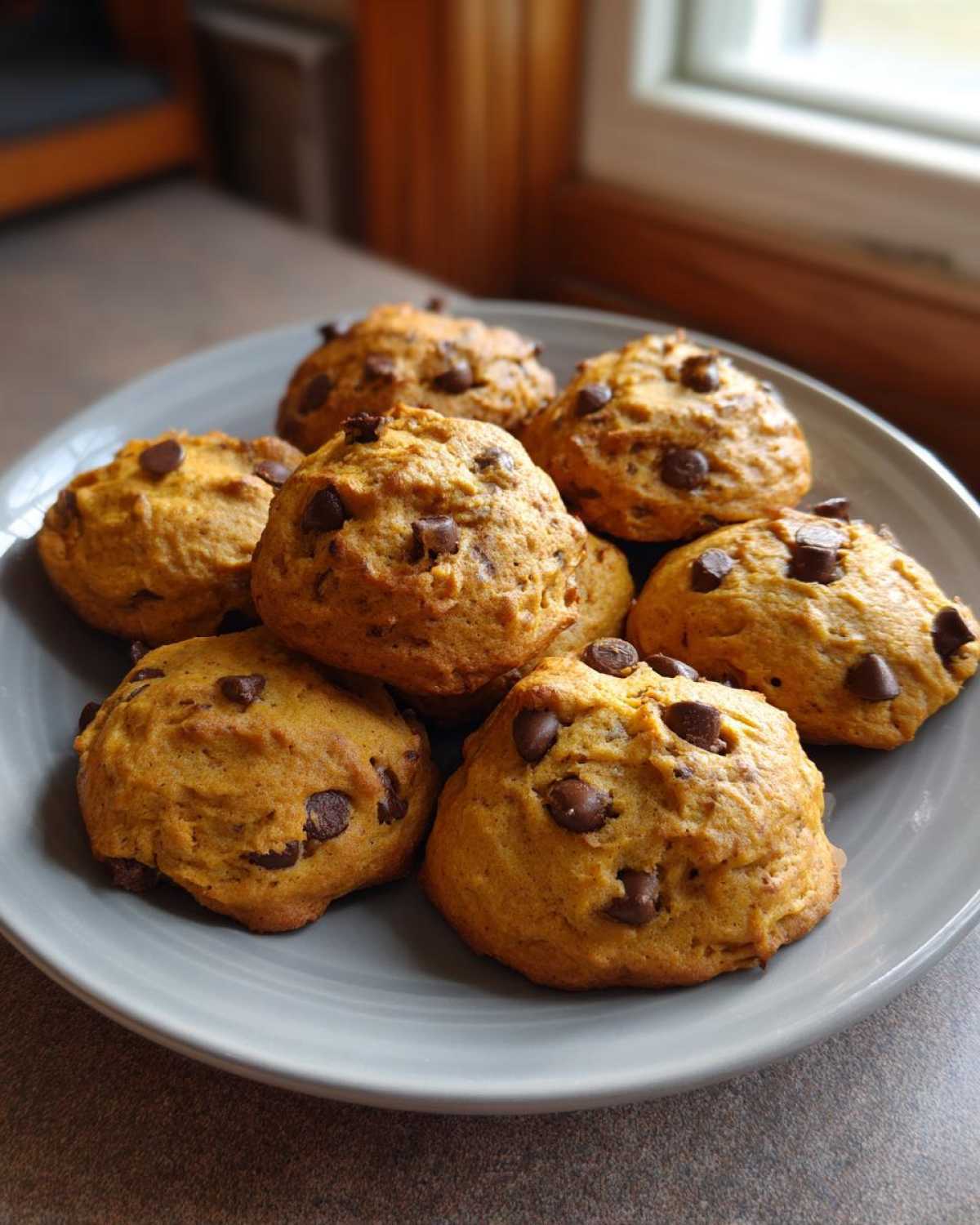 A plate of freshly baked banana bread cookies with chocolate chips, ready to eat.