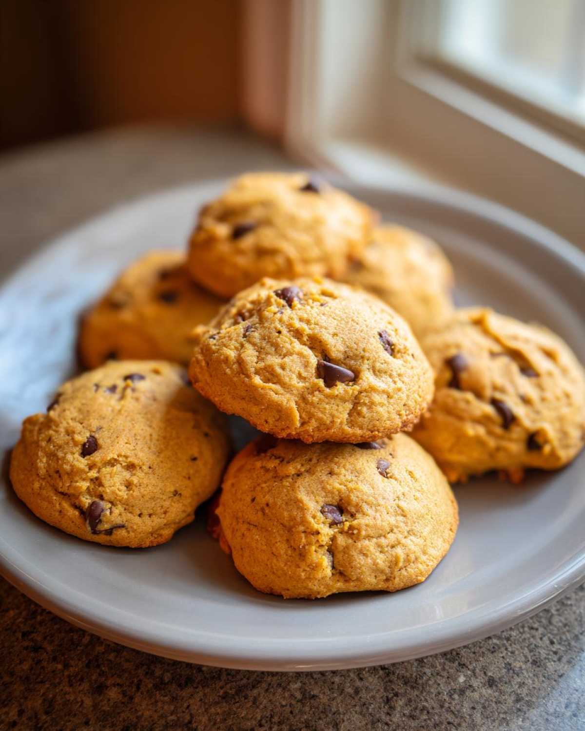A stack of soft banana bread cookies with chocolate chips on a gray plate near a window.