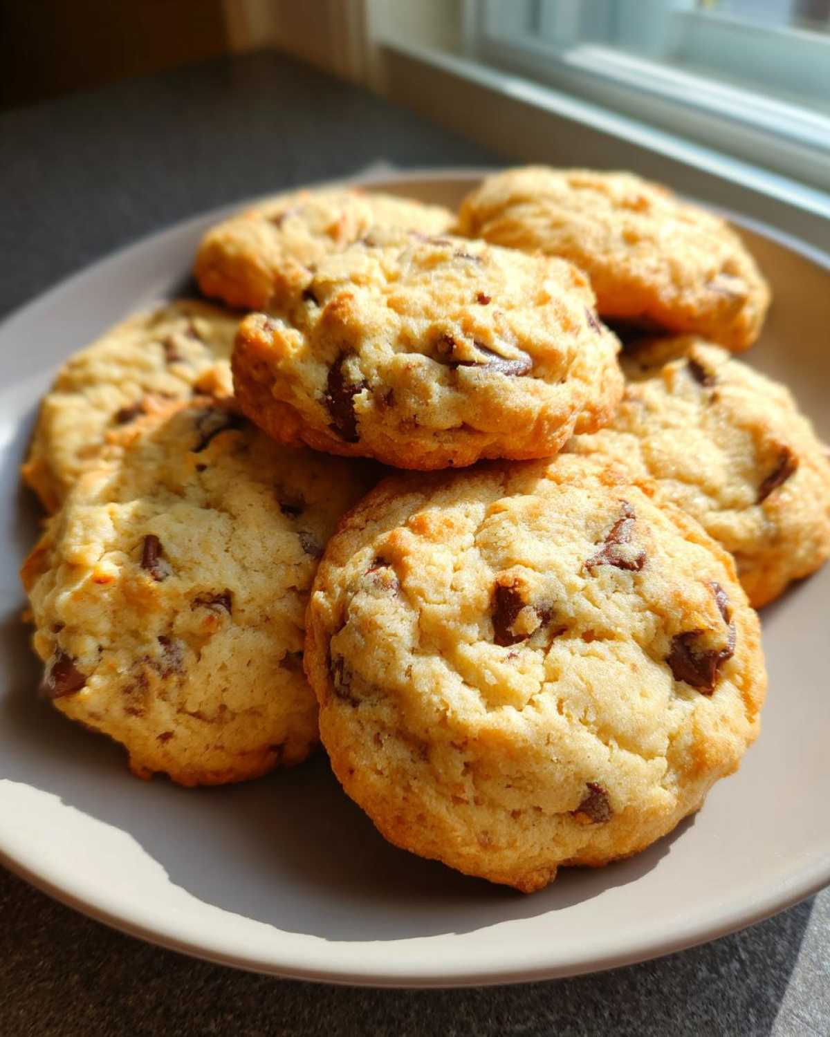 A plate of freshly baked banana bread cookies with chocolate chips, ready to eat.