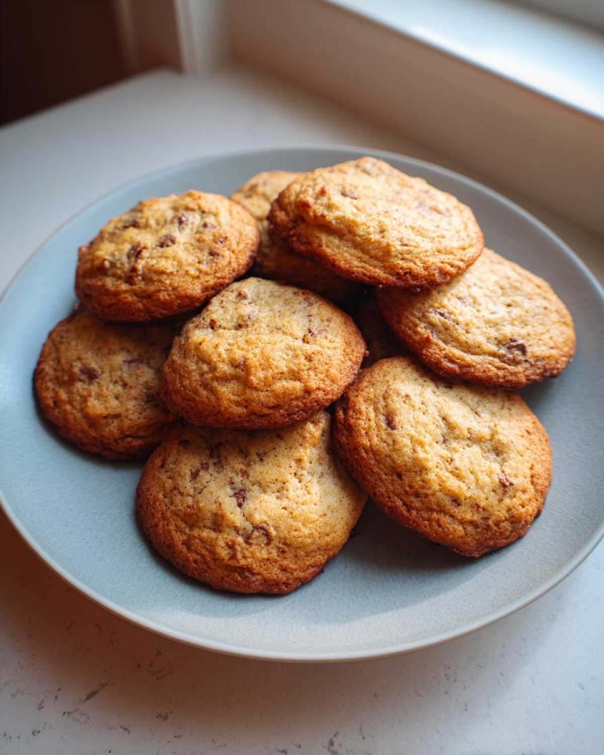 A plate of freshly baked banana bread cookies, golden brown with visible chocolate chips.