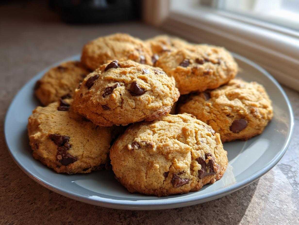 A plate of freshly baked banana bread cookies with chocolate chips, ready to be enjoyed.