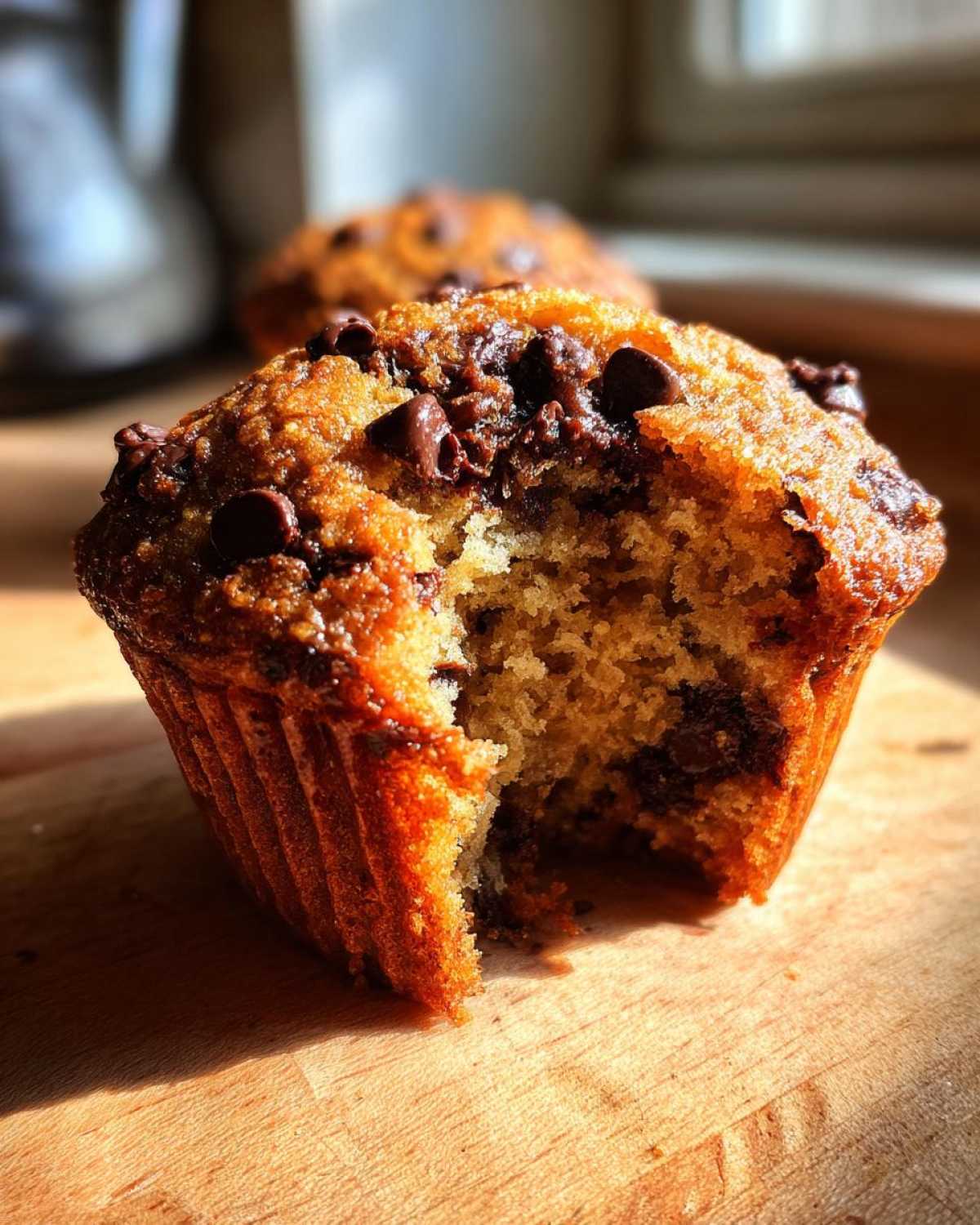 A close-up of a banana chocolate chip muffin with a bite taken out, showcasing the soft interior.