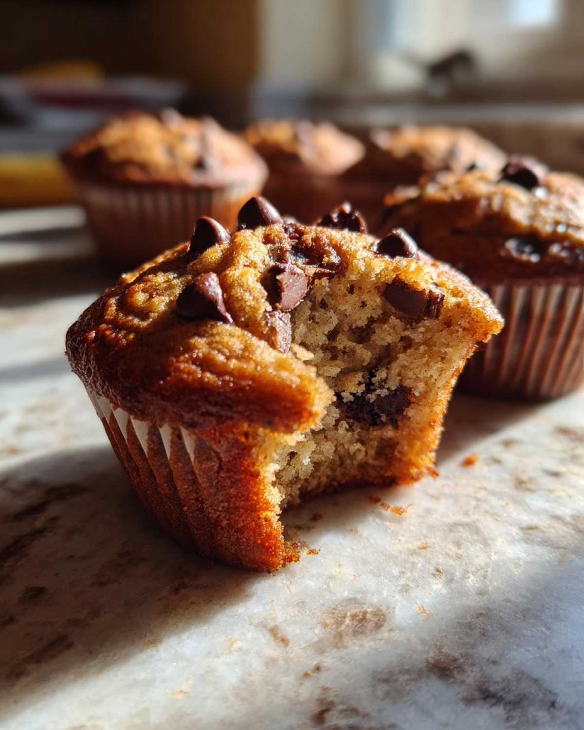 Close-up of a banana chocolate chip muffin with a bite taken out, showing the moist interior and melted chocolate.