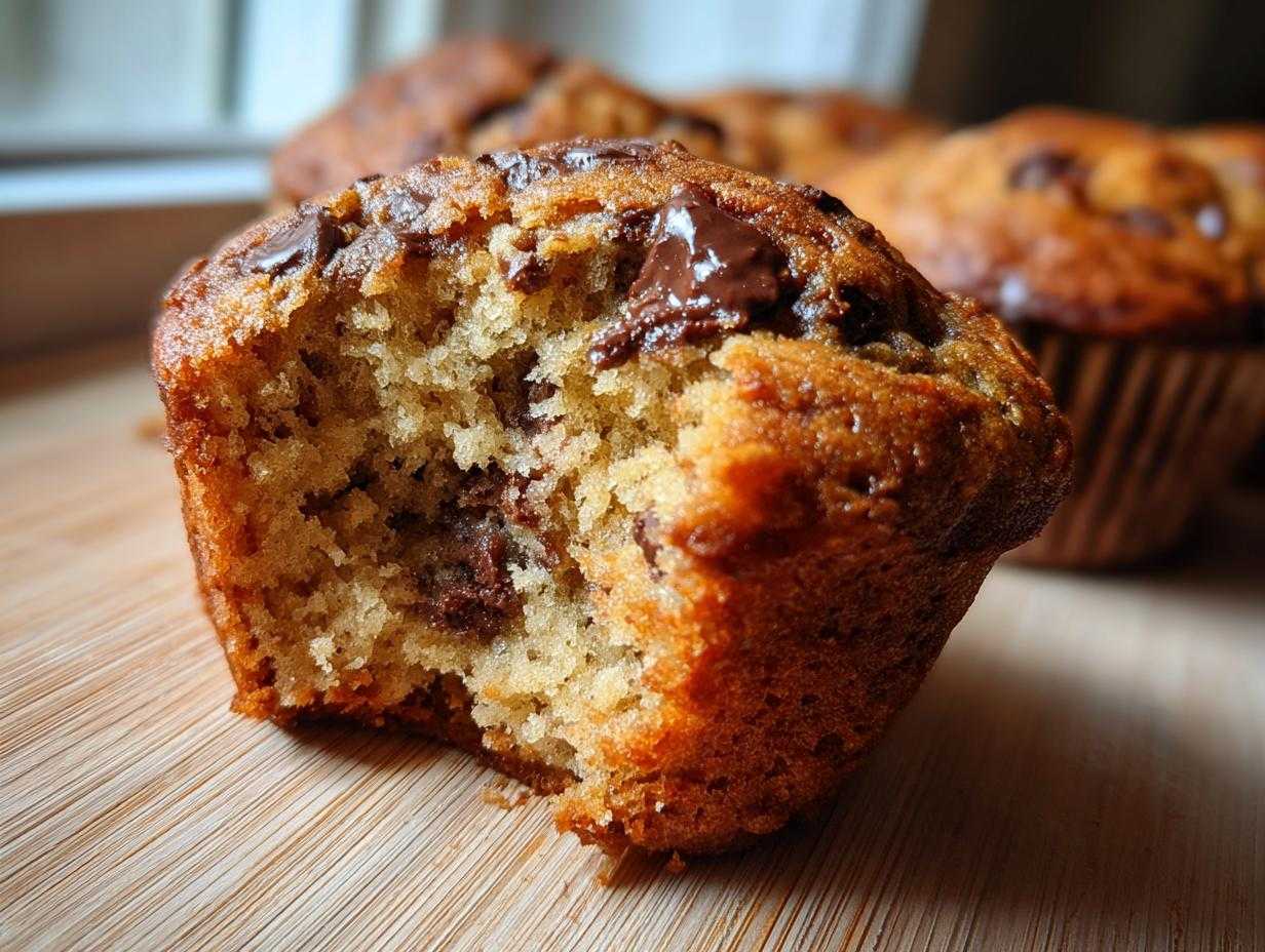 A partially eaten banana chocolate chip muffin showing the soft interior and melted chocolate.