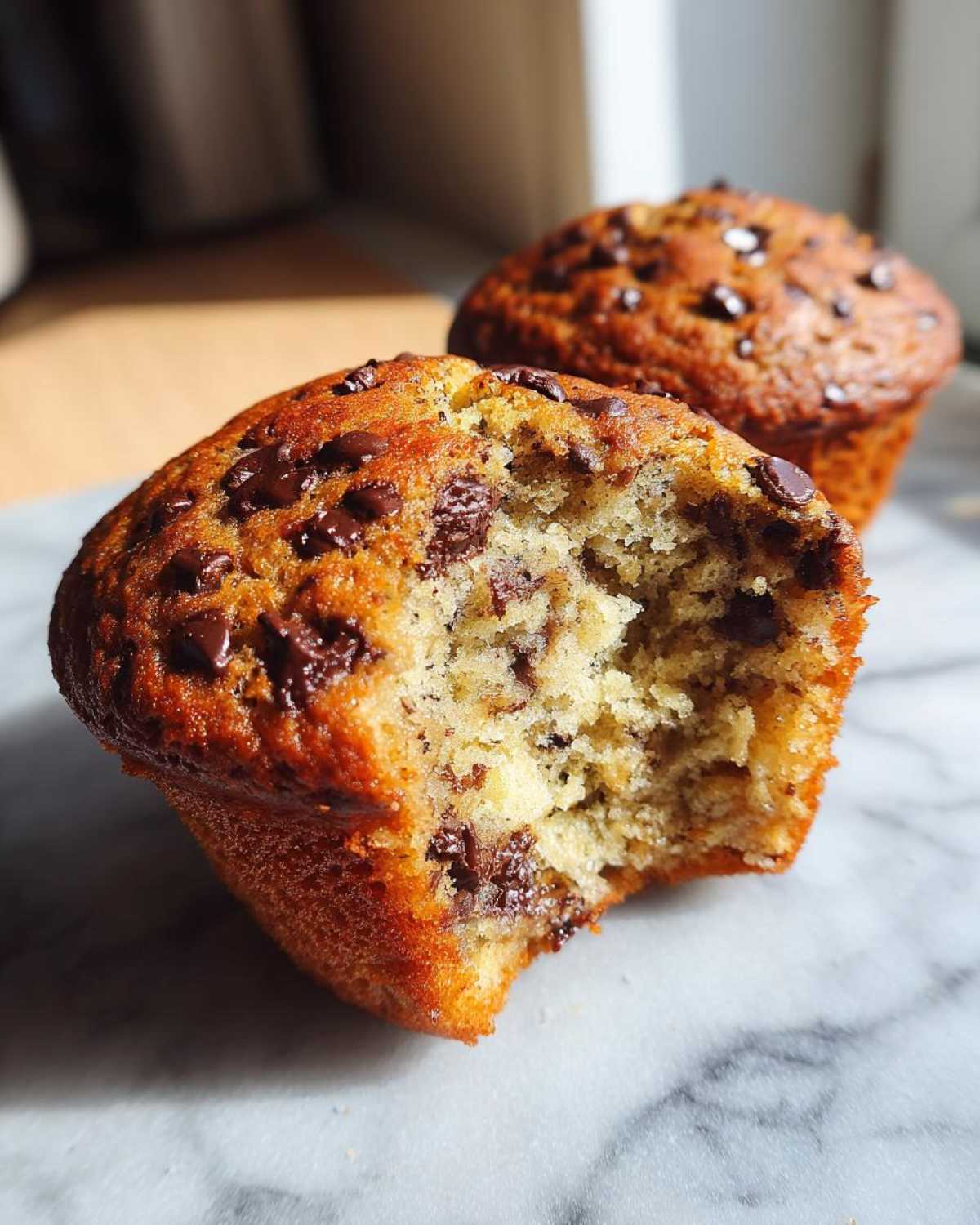 Close-up of a banana chocolate chip muffin with a bite taken out, showing the soft interior.