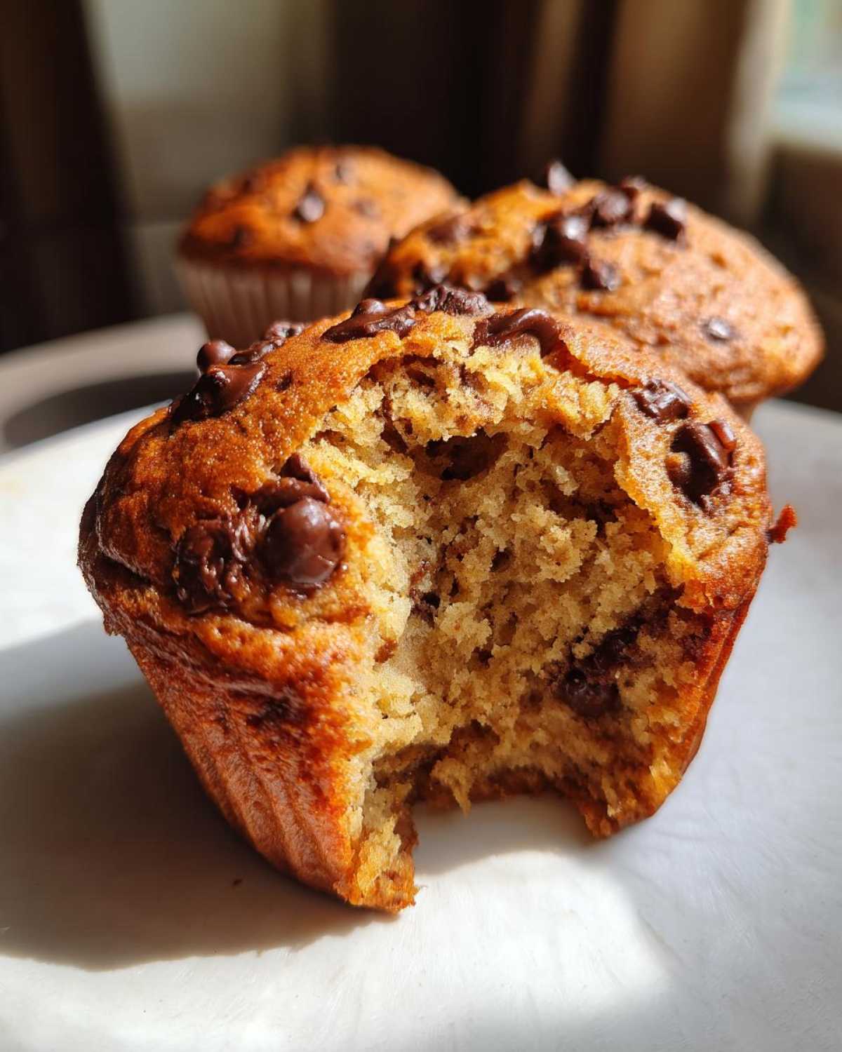 A banana chocolate chip muffin with a bite taken out, revealing the soft interior. More muffins are in the background.