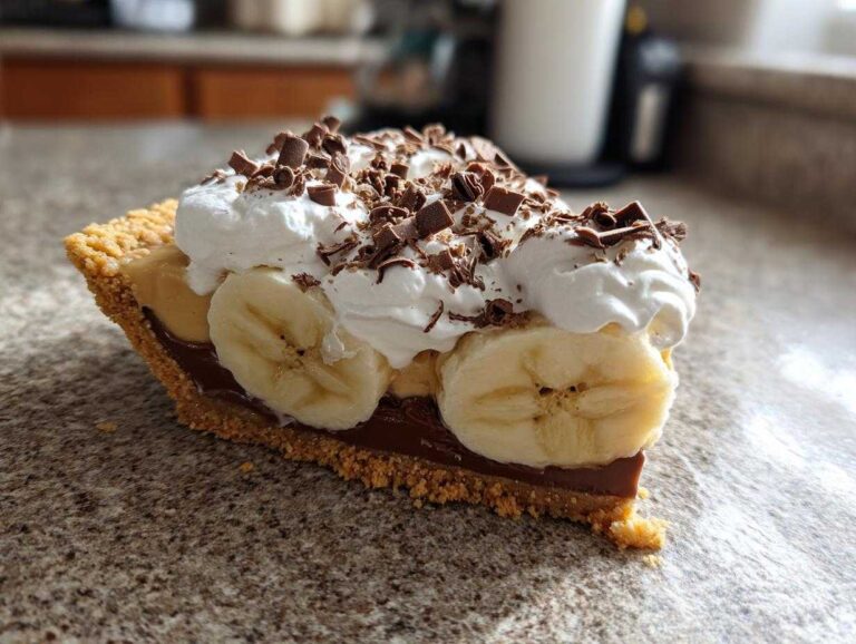 A slice of banoffee pie with bananas, whipped cream, chocolate shavings, and a graham cracker crust.