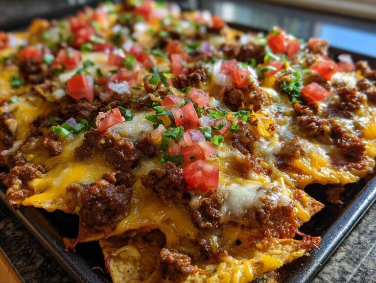 A pan of delicious beef nachos loaded with melted cheese, seasoned ground beef, tomatoes, and green onions.