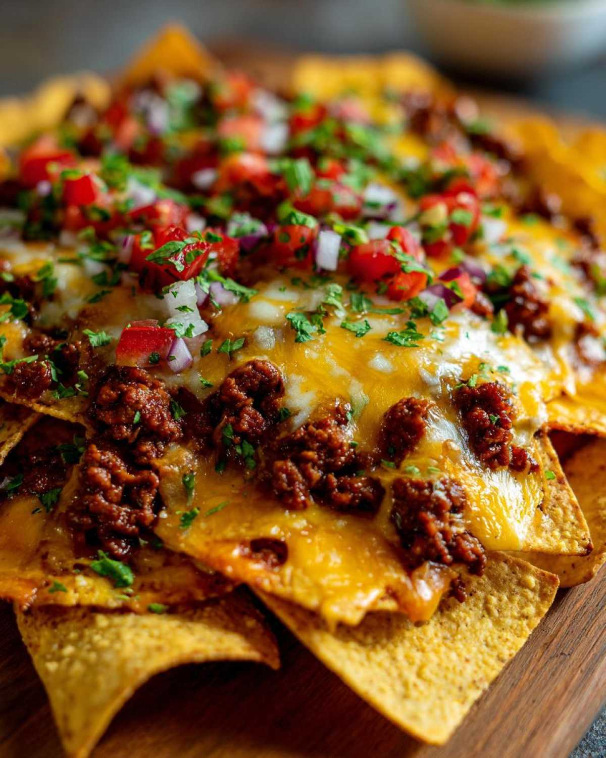 Close-up of delicious beef nachos piled high with melted cheese, seasoned ground beef, pico de gallo, and fresh herbs.