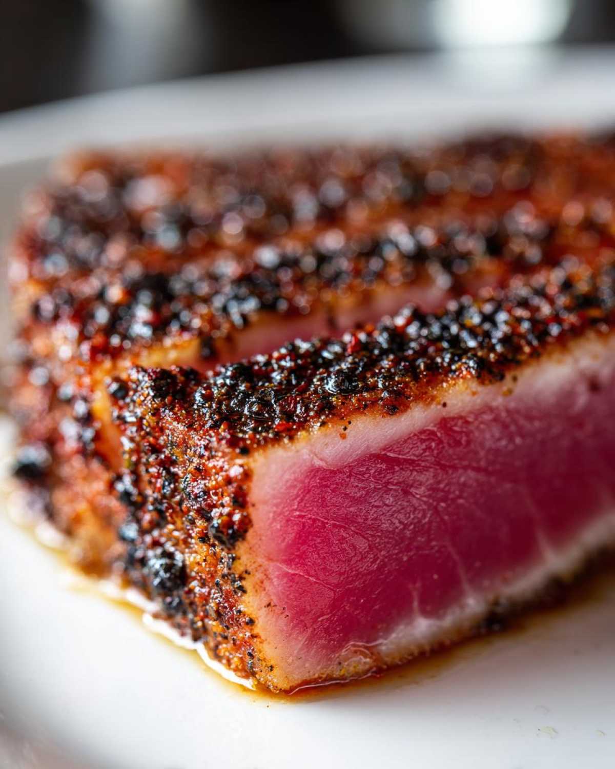 Close-up of a perfectly seared Blackened Tuna Steak with a vibrant pink center.