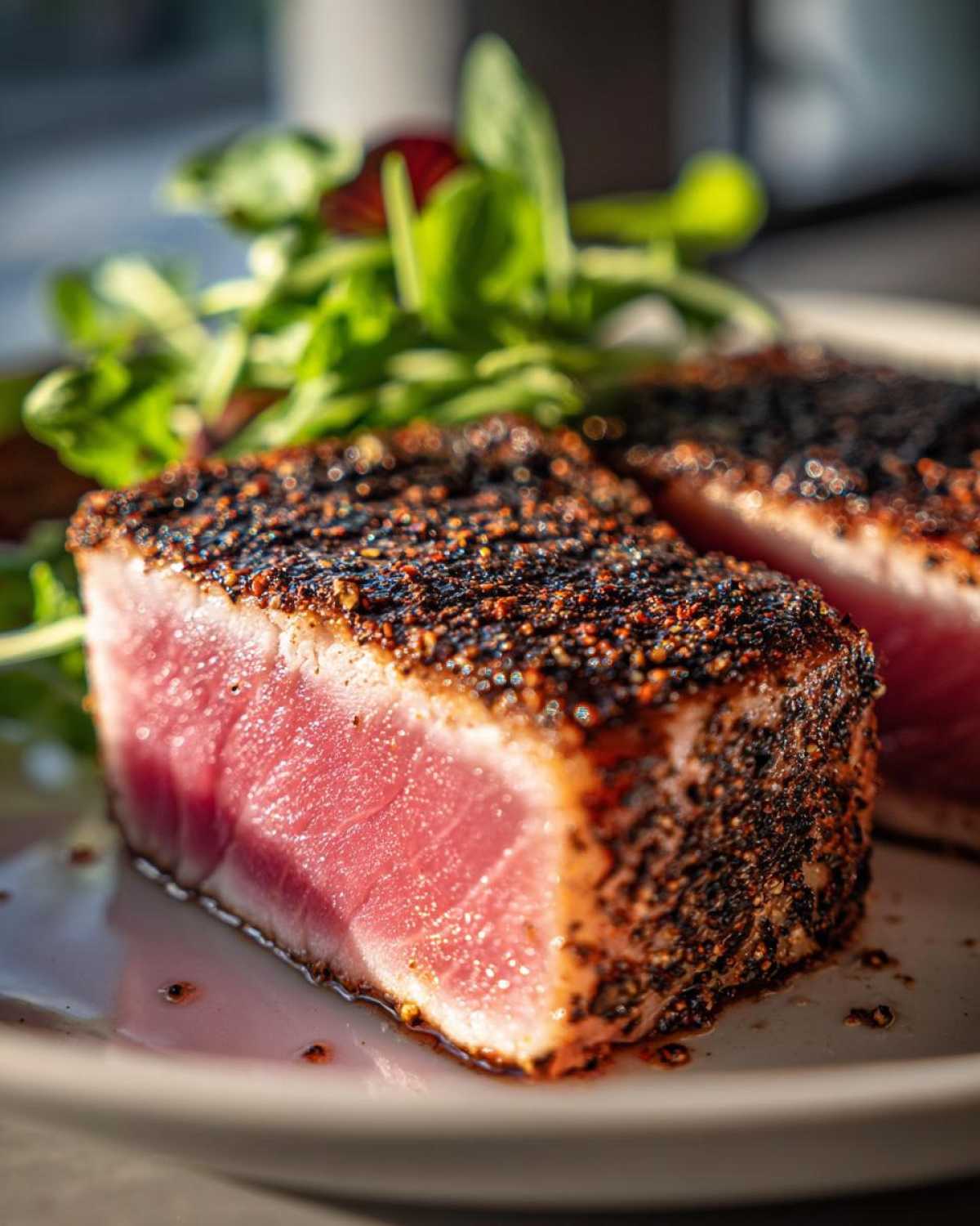 Close-up of a perfectly seared Blackened Tuna Steak with a vibrant pink center, served with fresh greens.