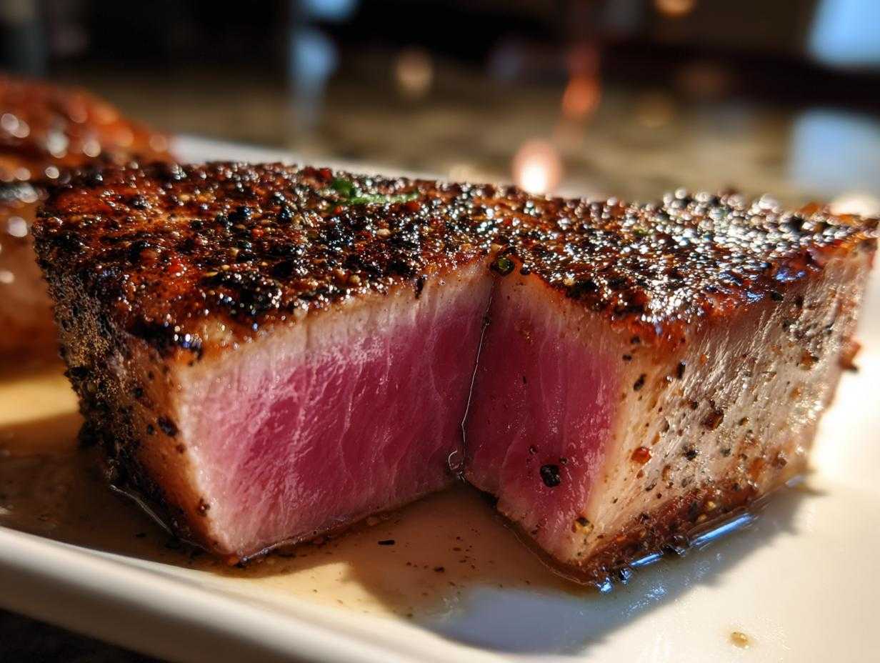 Close-up of a perfectly seared Blackened Tuna Steak, cut to reveal a vibrant pink center.